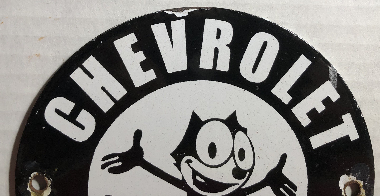 VINTAGE CHEVROLET 6”PORCELAIN SIGN FELIX THE CAT CHEVY CAR TRUCK DEALER USA