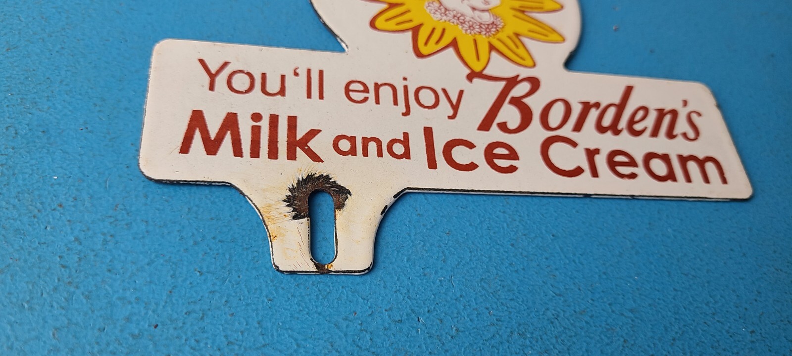 Vintage Bordens Ice Cream Milk Sign Topper – Gas Porcelain License Plate Topper
