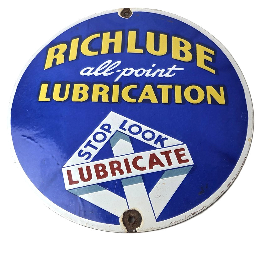 Vintage Richlube Gasoline Sign – Lubricate Engine Gas Oil Pump Porcelain Sign
