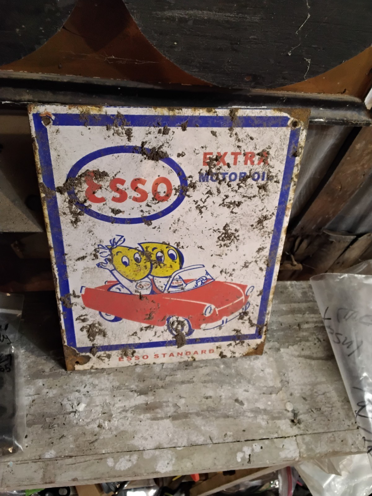 Porcelain Esso Car Drops Logo Sign Approx 10″x8″ Inches Over Steel Used Rust
