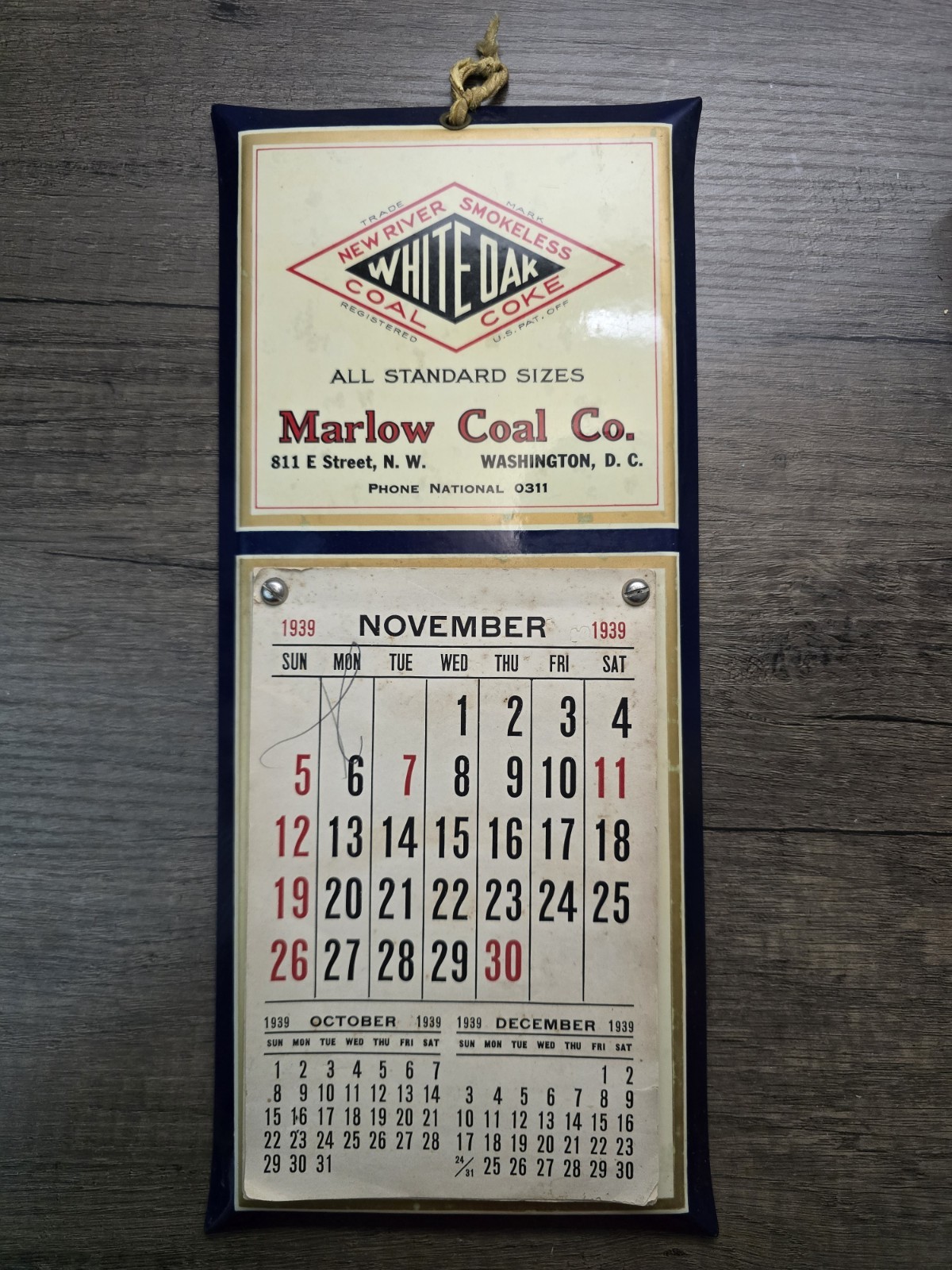 1939 Marlow Coal. Co. Washington D.C. Blue Celluloid Calendar Sign White Oak