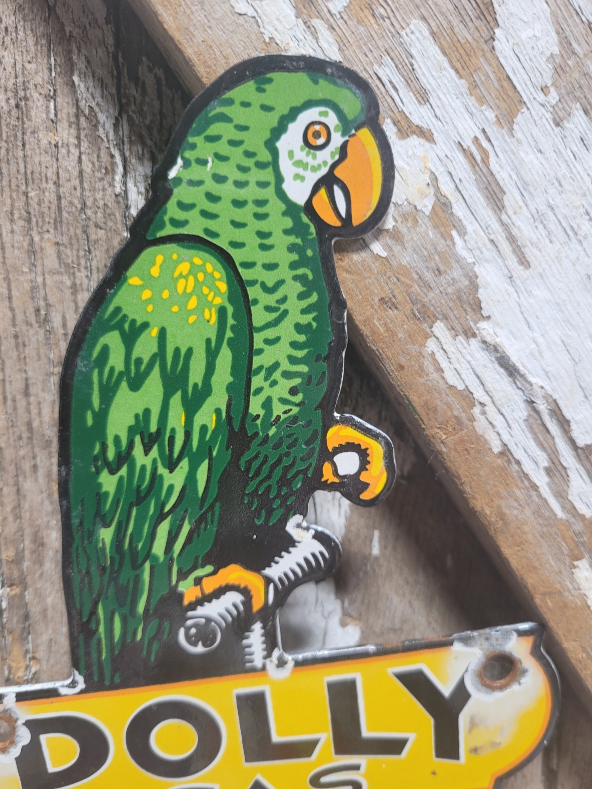 VINTAGE POLLY PORCELAIN SIGN DIECUT MOTOR OIL GAS PARROT SERVICE GAS PUMP PLATE