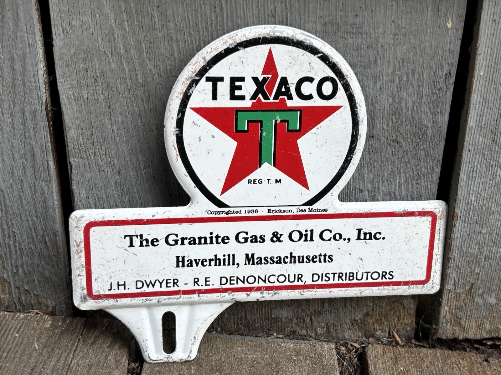 1930s Old TEXACO GAS STATION ~ HAVERHILL MA Auto License Plate Topper Metal Sign