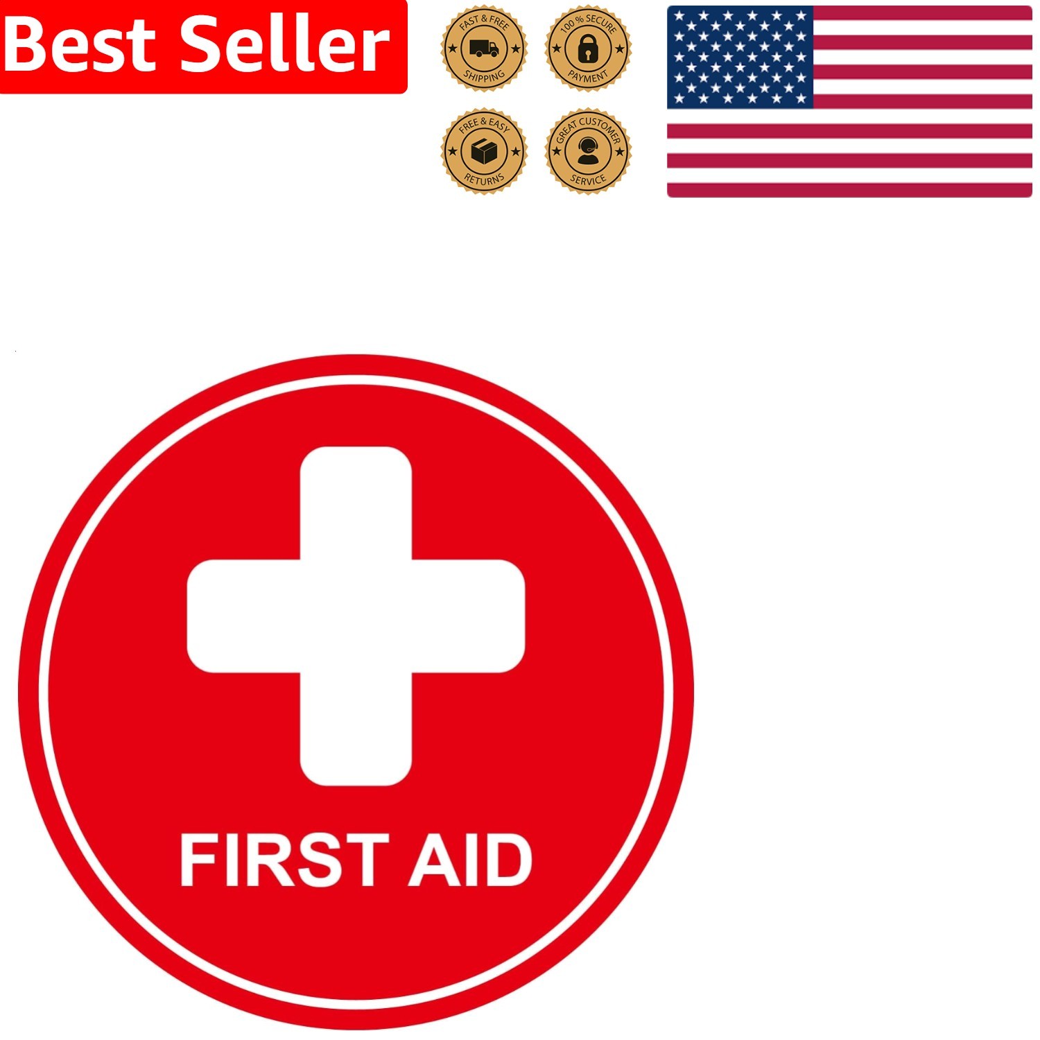 Durable First Aid Sticker 4 Inch 5pc Round UV Resistant Waterproof for Office