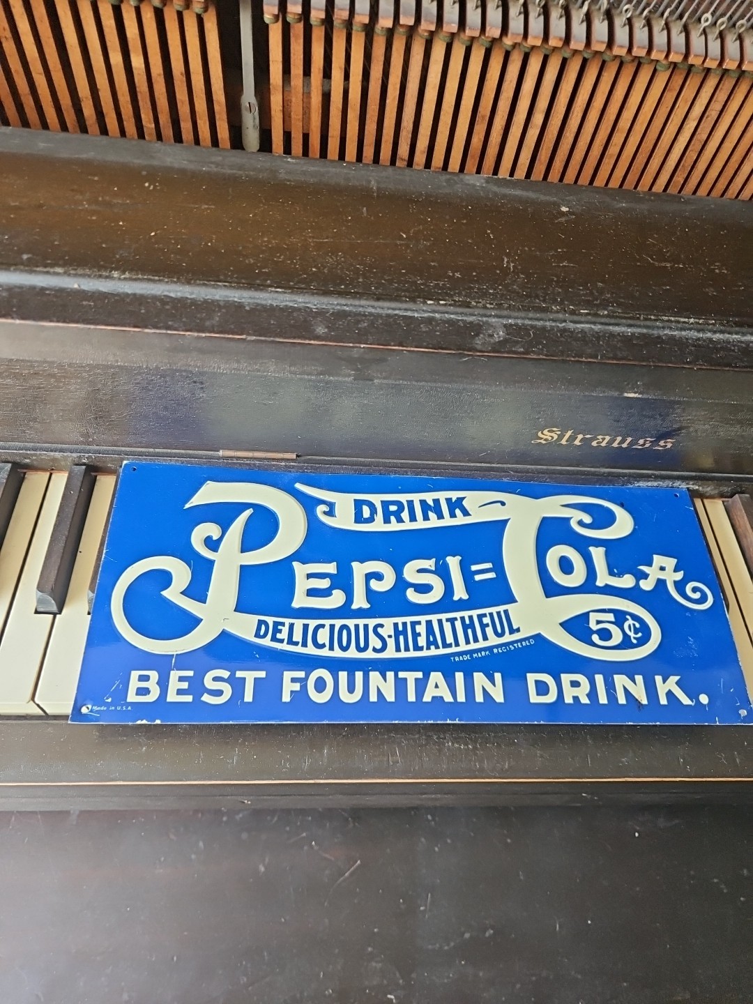 VINTAGE DRINK PEPSI-COLA 5c ADVERTISING EMBOSSED METAL SIGN
