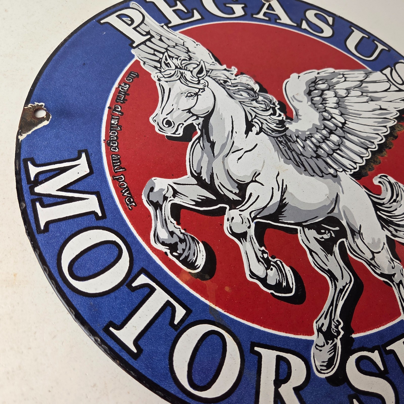 Vintage Pegasus Sign – Gas Pump Station Motor Spirit Porcelain Ad Wall Sign