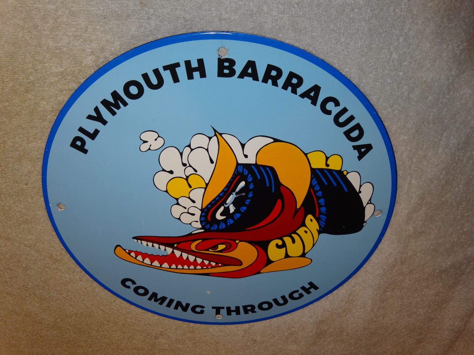 VINTAGE DODGE PLYMOUTH BARRACUDA 11 3/4″ PORCELAIN METAL CAR FISH GAS & OIL SIGN