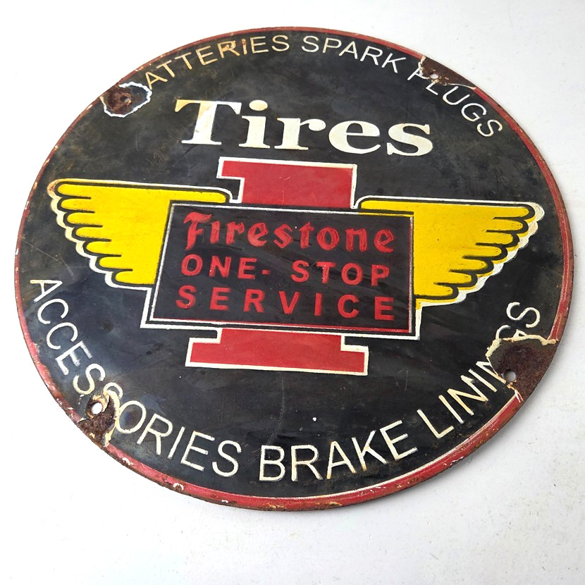 Vintage Firestone Tires Sign – One Stop Sales Service Gas Pump Porcelain Sign