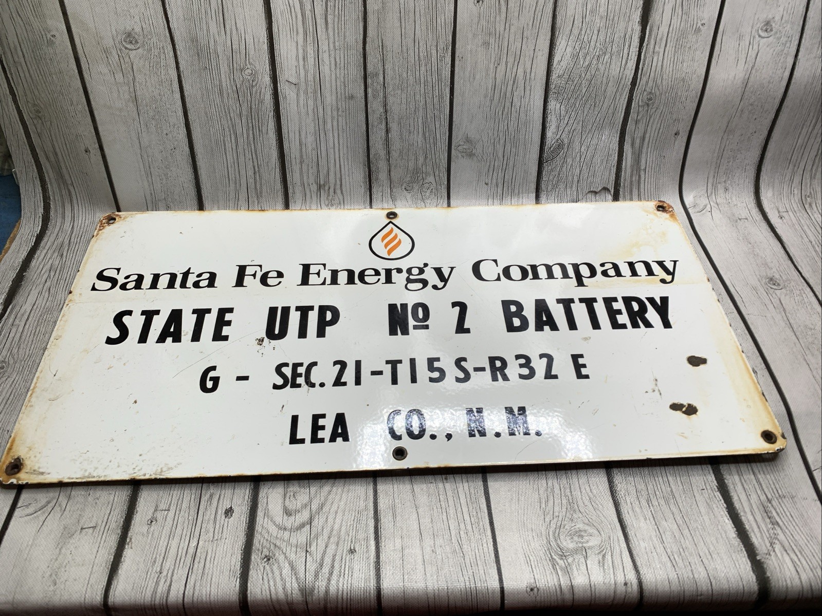 Vintage Santa Fe Energy Company Oil Field Sign Lea Co. New Mexico Porcelain