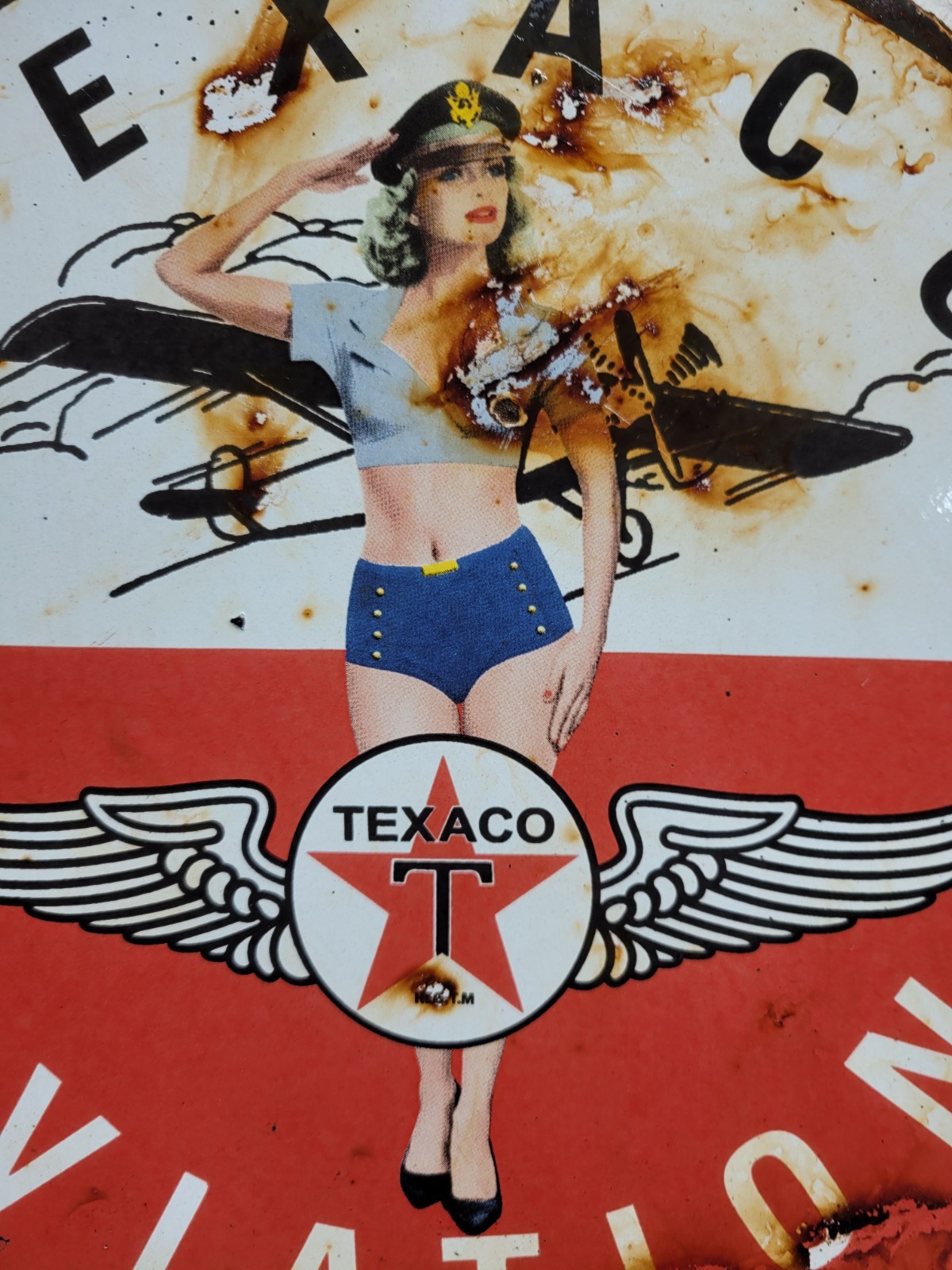VINTAGE TEXACO PORCELAIN SIGN OLD 12″ AVIATION GAS MOTOR OIL WOMAN PILOT SAILOR