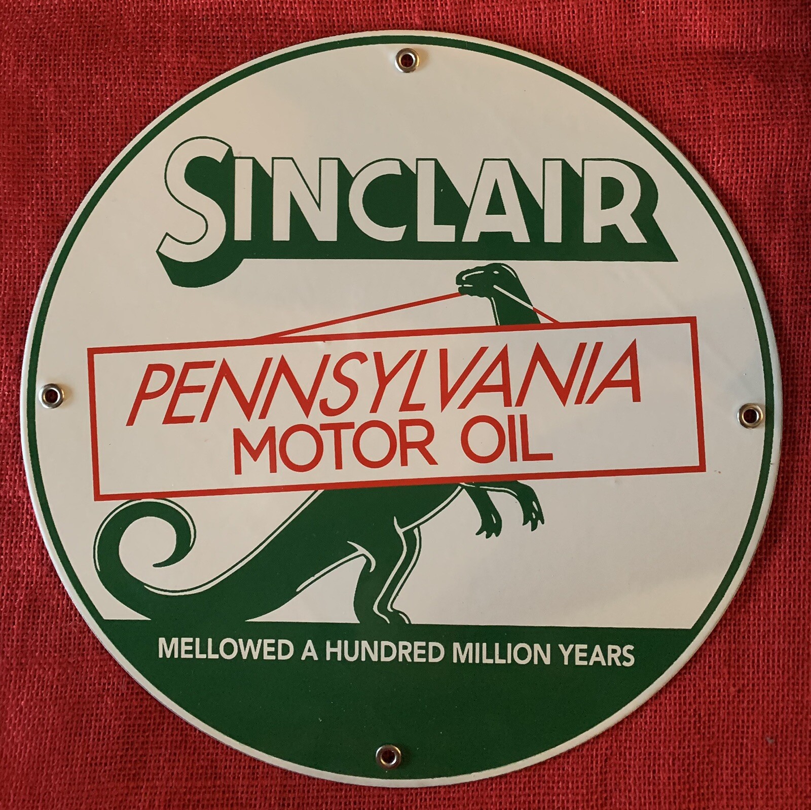 VINTAGE STYLE SINCLAIR MOTOR OIL WITH DINO THE DINOSAUR 12 INCH PORCELAIN SIGN .