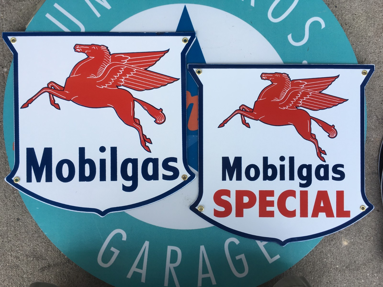 MOBIL GAS & SPECIAL pegasus die-cut SHIELD porcelain coated 18 GAUGE steel SIGNS