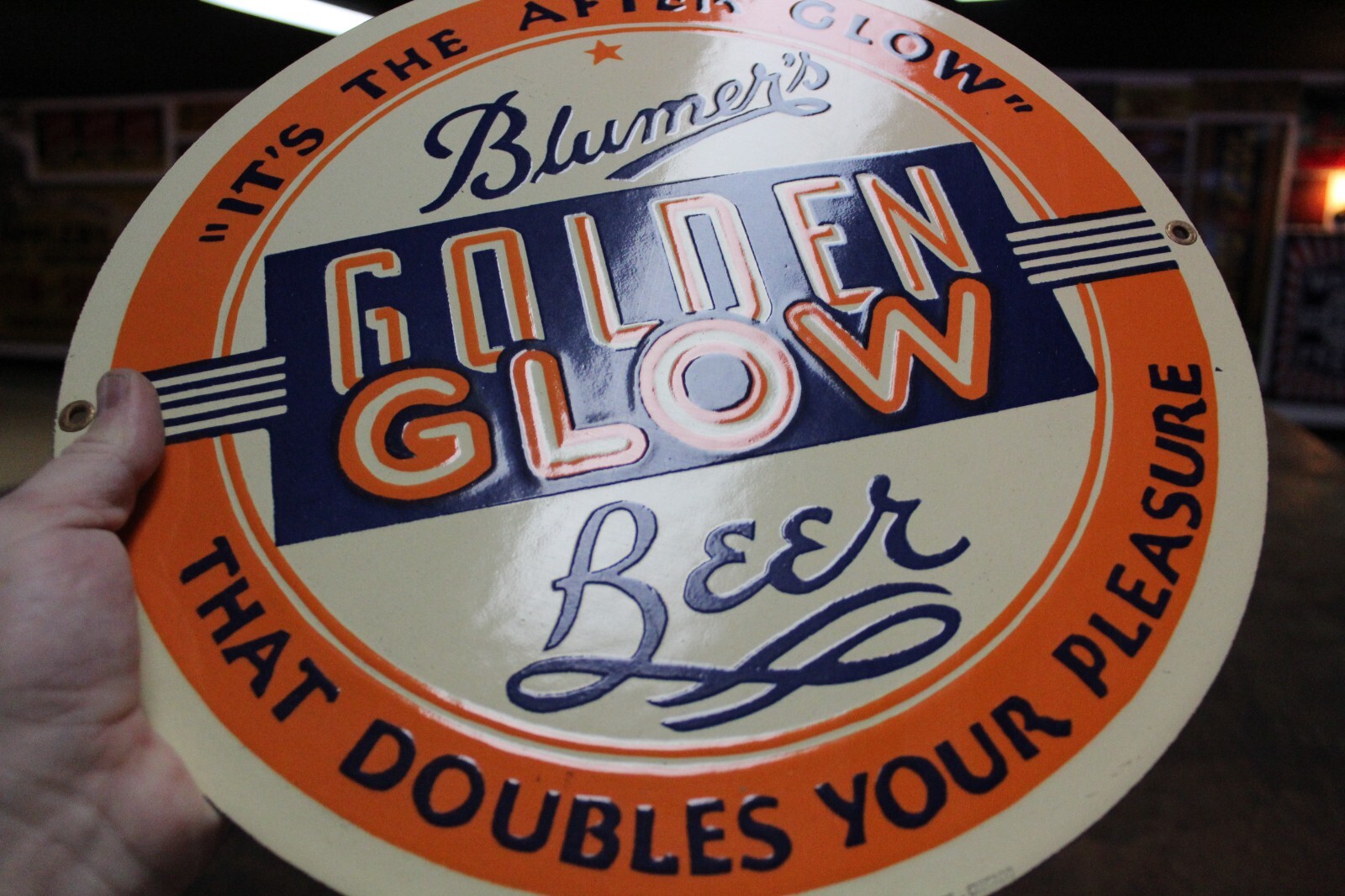 RARE BLUMER’S GOLDEN GLOW MONROE WISCONSIN BEER DEALER PORCELAIN METAL SIGN
