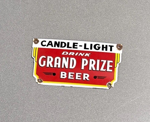 VINTAGE GRAND PRIZE BEER PORCELAIN SIGN CAR GAS TRUCK MOTORCYCLE OIL
