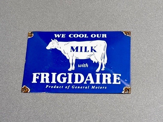 VINTAGE 12” DOMED FRIGIDAIRE FARM COW MILK PORCELAIN SIGN CAR GAS OIL MOTORCYCLE