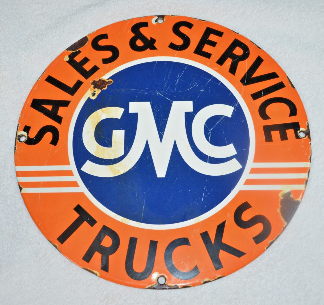 Vtg GMC TRUCKS SALES & SERVICE GAS & OIL PORCELAIN ENAMEL SIGN 11.5″