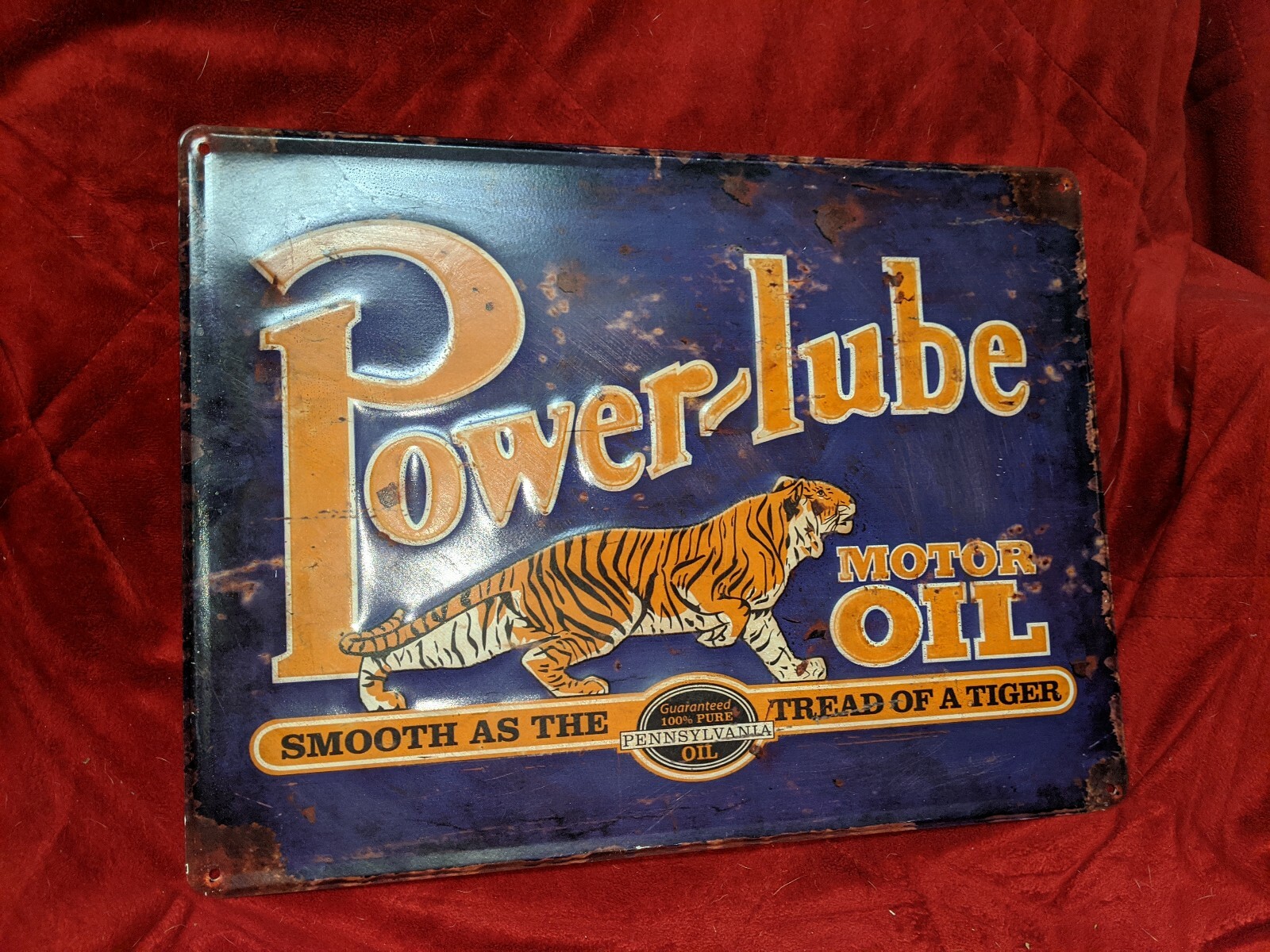 PowerLube Motor Oil Sign Tiger Lube Reproduction Metal Rusty Advertisement