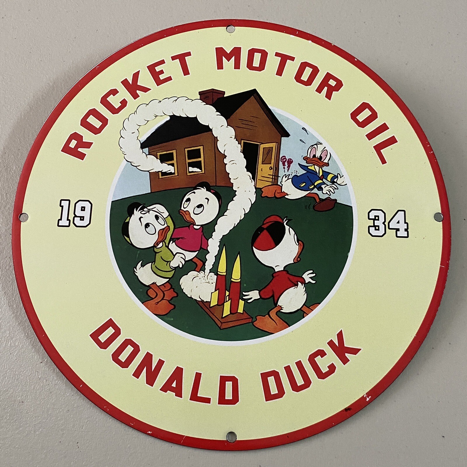 VINTAGE ROCKET PORCELAIN SIGN GAS MOTOR OIL DONALD DUCK PETROL LUBE PUMP PLATE