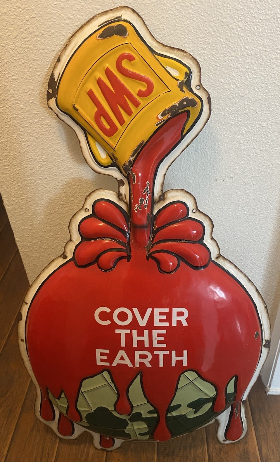 Original sherwin williams porcelain sign cover the planet 3D 1950’s RARE