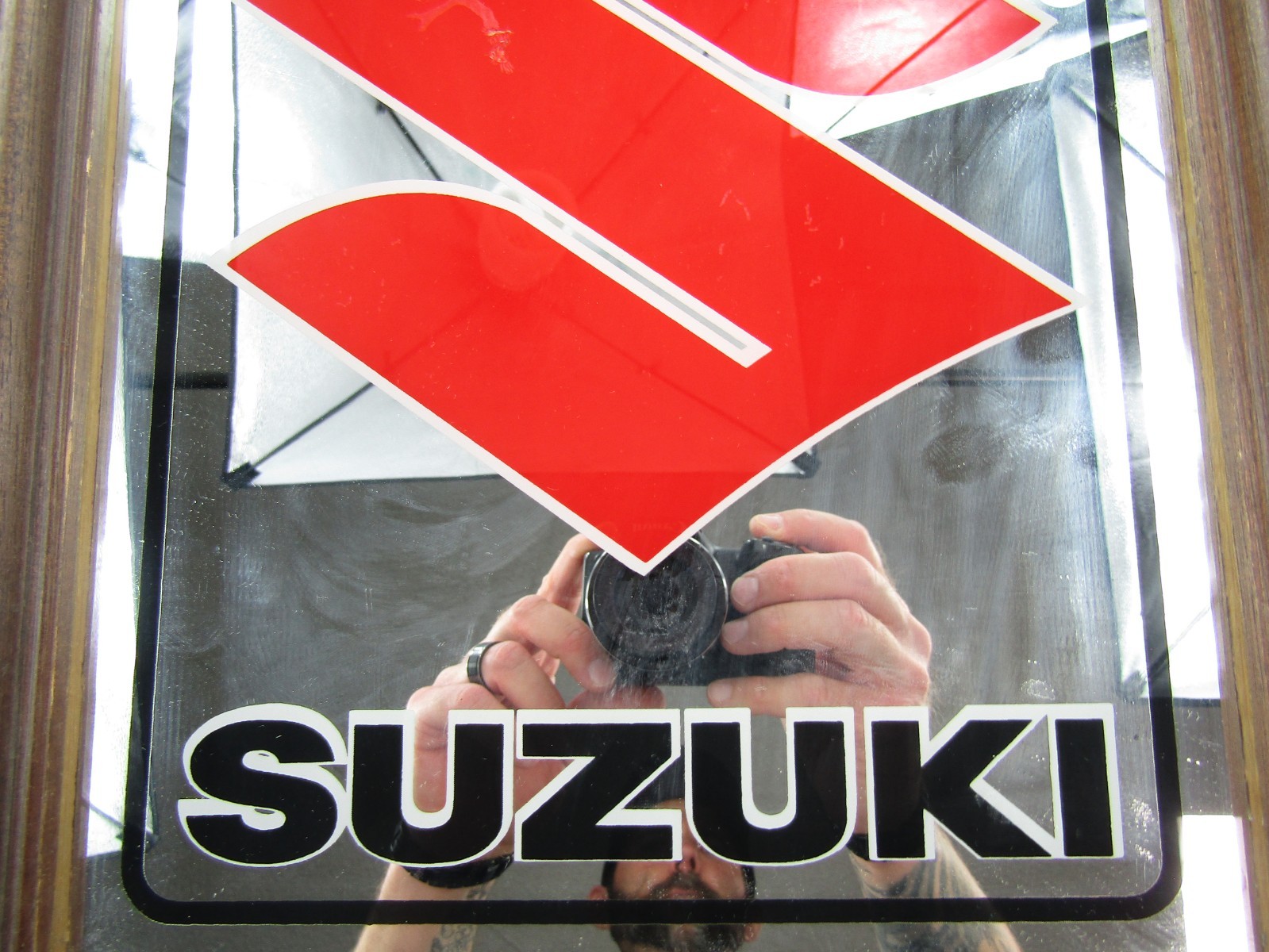VTG Suzuki Mirror Sign Red Mancave Auto Racing Motorcycle Hanging Garage Decor
