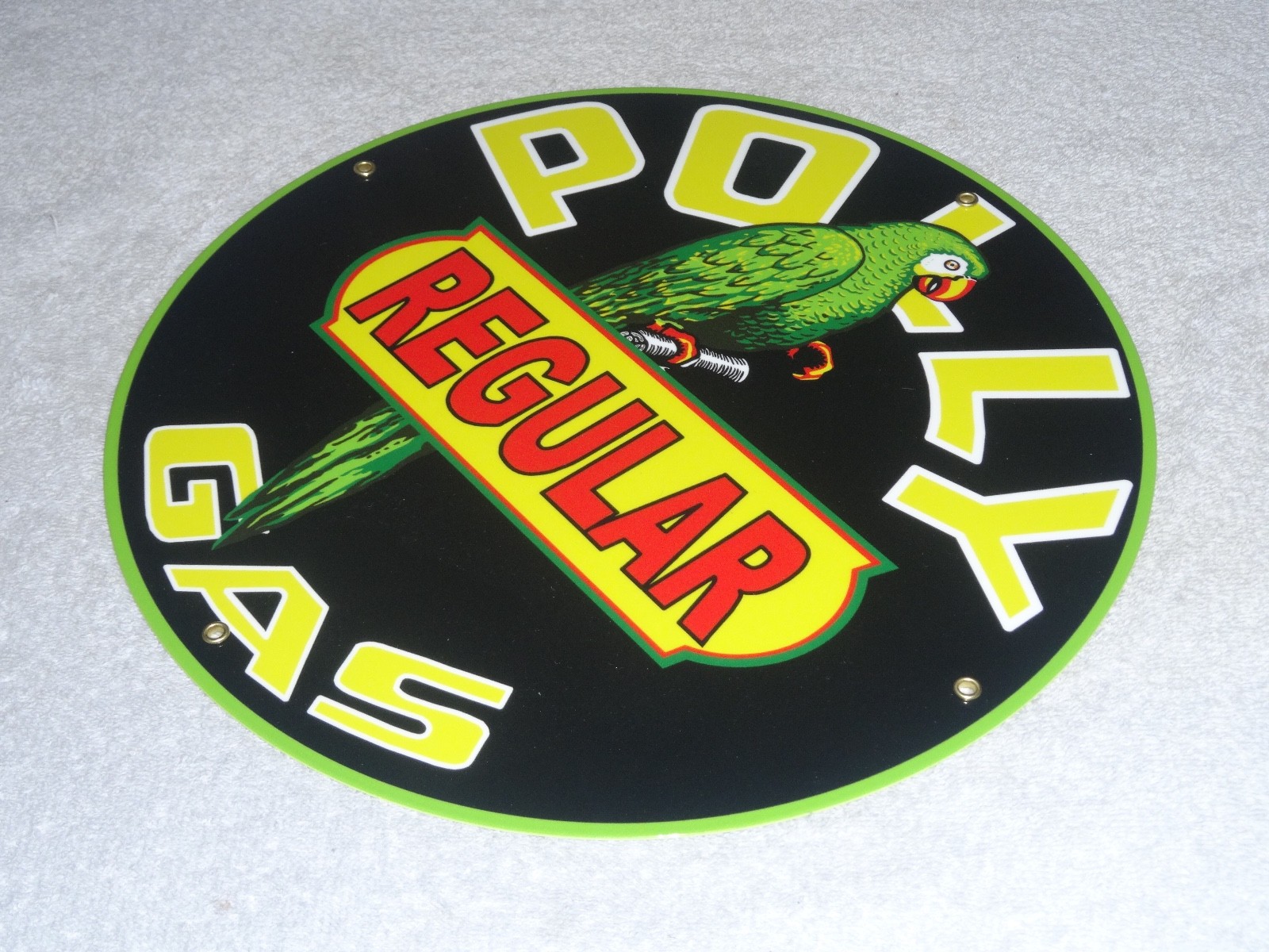 VINTAGE POLLY REGULAR GAS PARROT 🦜 11 3/4″ PORCELAIN METAL GASOLINE & OIL SIGN