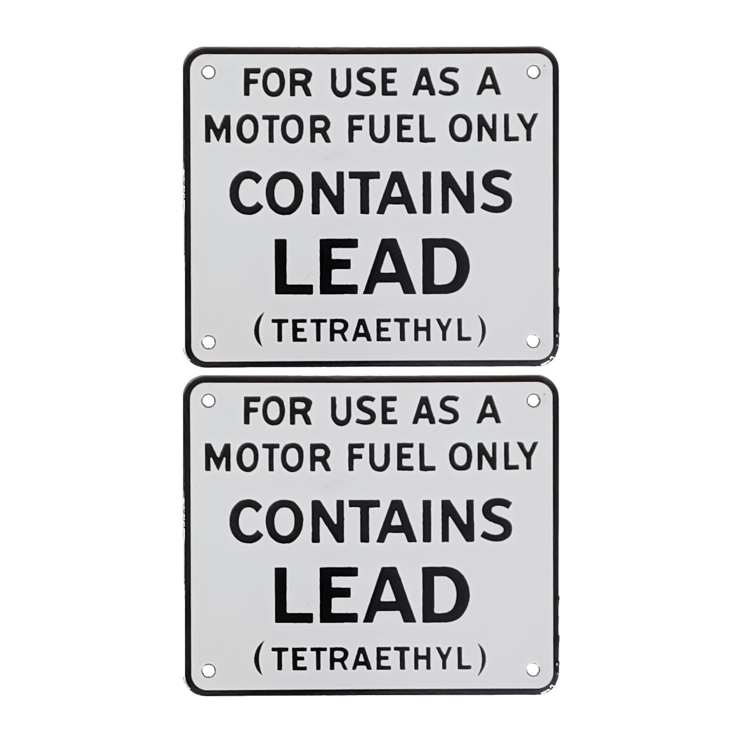 Pair of ‘Contains Lead’ 7″x6″ Porcelain Signs – fit Gilbarco pumps, more (PS113)