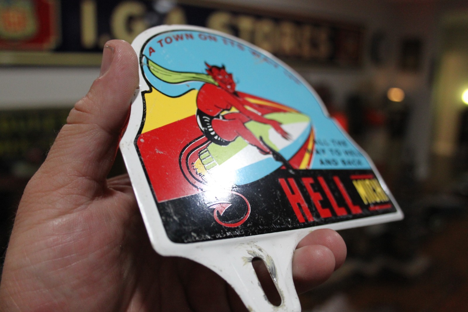 RARE 1950s HELL MICHIGAN SATAN ROCKET STAMPED PAINTED METAL PLATE TOPPER SIGN