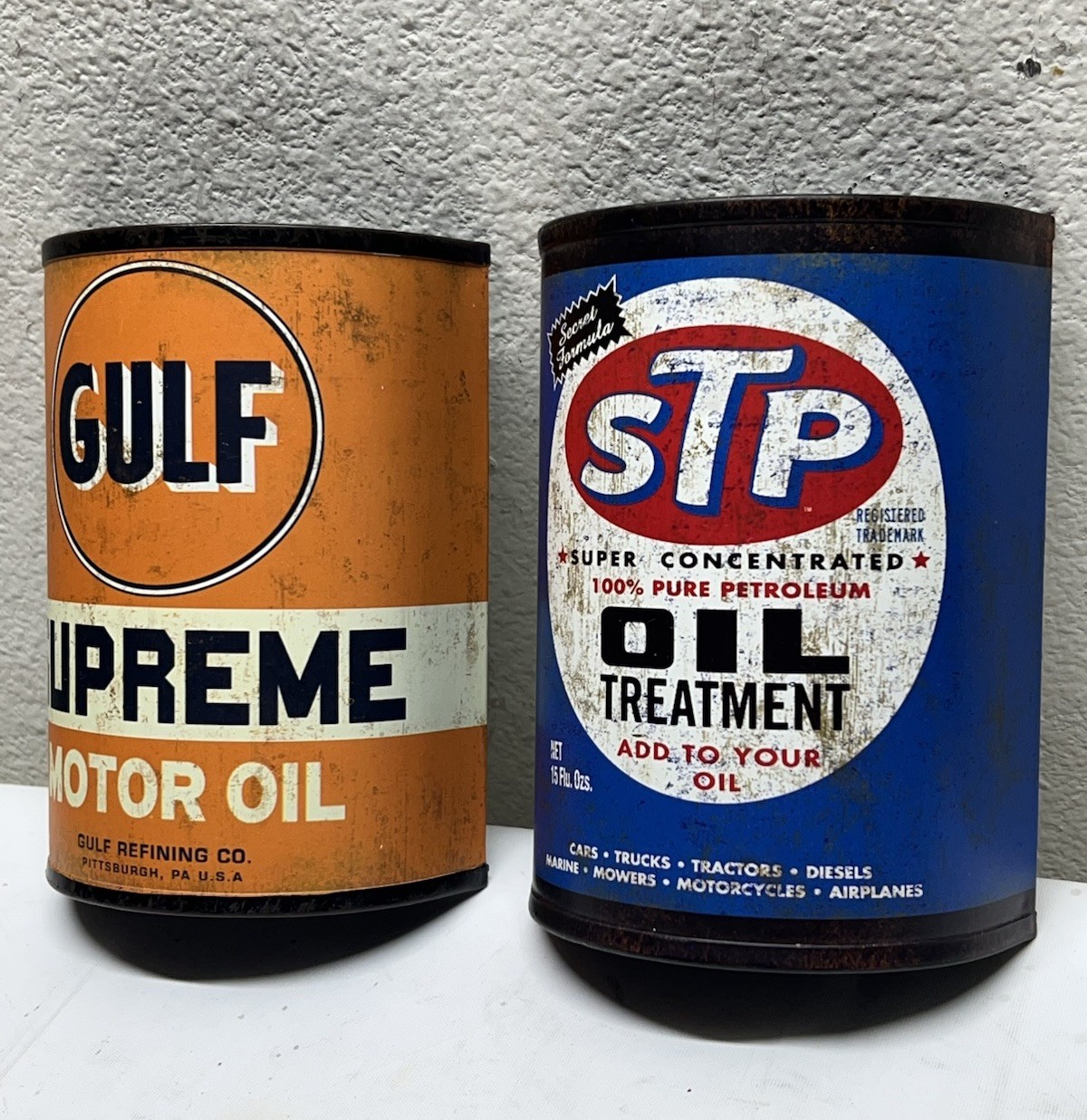 Retro Gulf Supreme & STP Motor Oil Metal Can Wall Sign Decor By Open Road