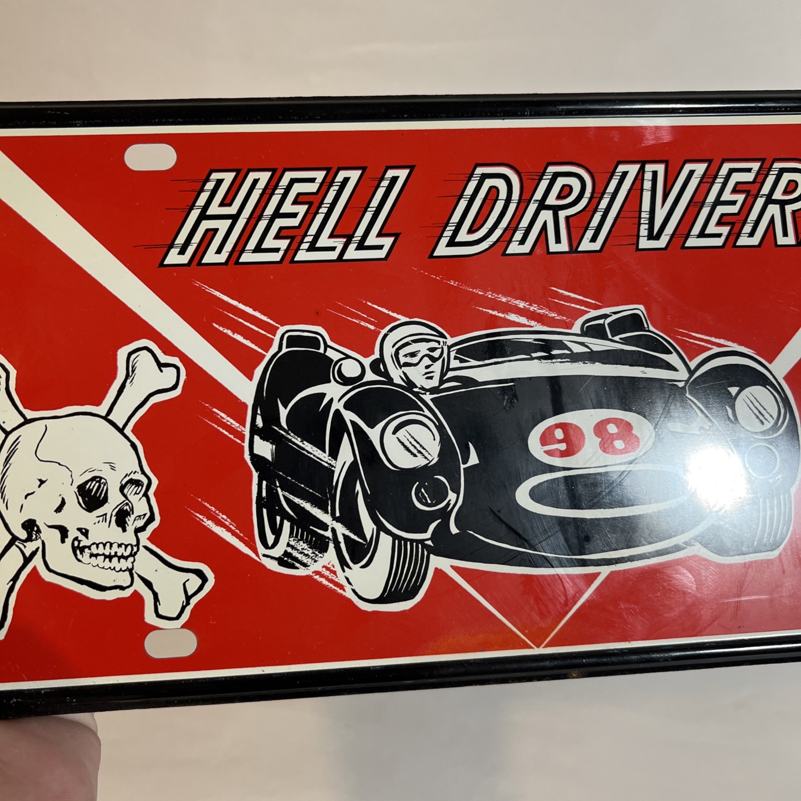 VANITY LICENSE PLATE SKULL & BONES HELL DRIVERS THRILL STUNT HOT ROD SIGN
