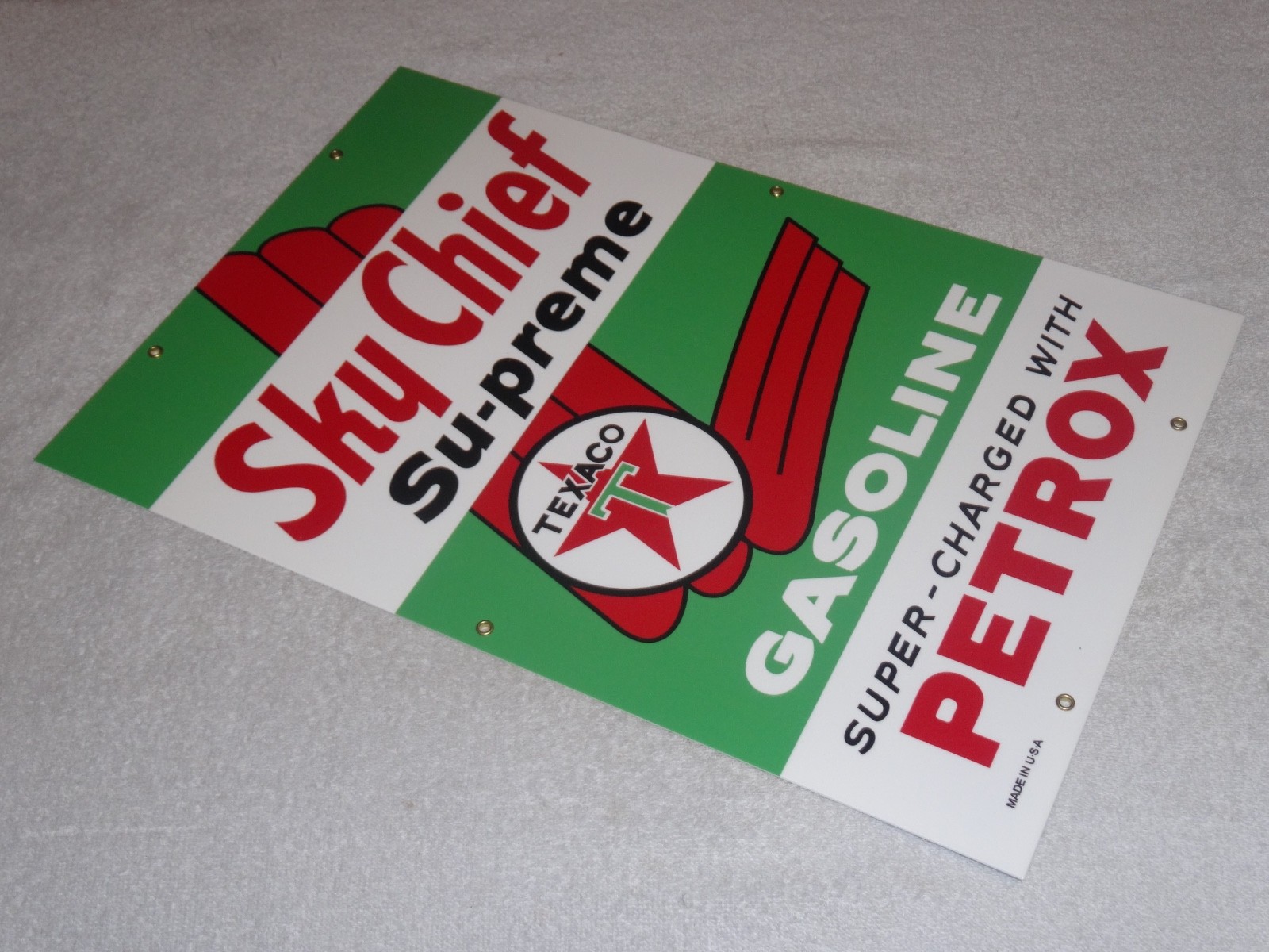 VINTAGE TEXACO SKY CHIEF SUPREME GASOLINE W/ PETROX 18″ PORCELAIN METAL OIL SIGN