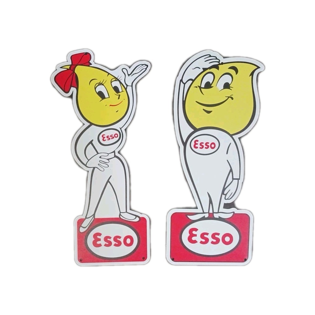 Esso Salute Oil Drop Boy & Girl Set Gasoline Die Cut Plate 12-in Aluminum Sign