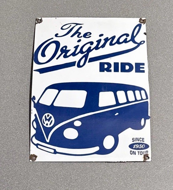 VINTAGE 14” VW VOLKSWAGEN BUS DEALERSHIP PORCELAIN SIGN CAR OIL GAS MOTORCYCLE