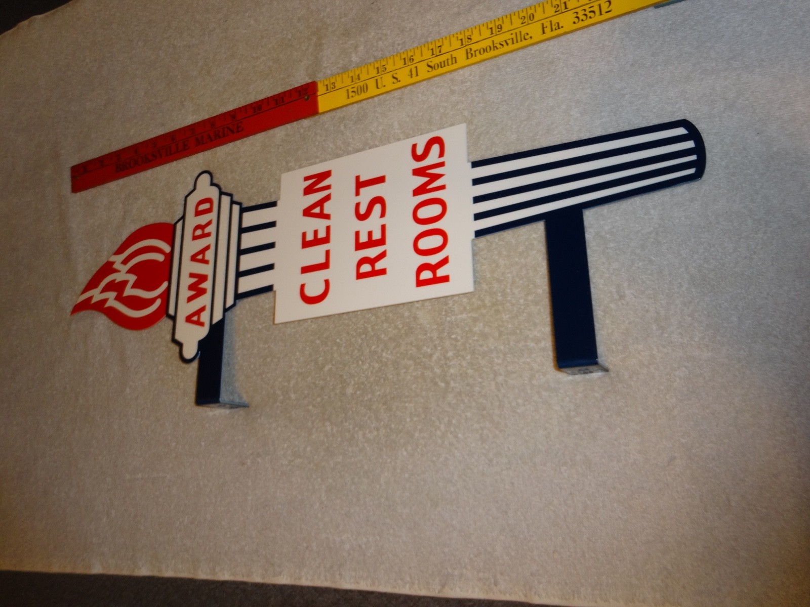 VINTAGE STANDARD GASOLINE TORCH CLEAN RESTROOM HUGE 2′ METAL AWARD BATHROOM SIGN