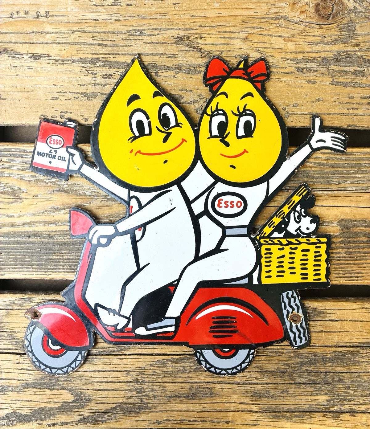 VINTAGE 12×12″ ESSO BOY & GIRL on Moped MOTOR OIL GASOLINE PORCELAIN GAS AD SIGN