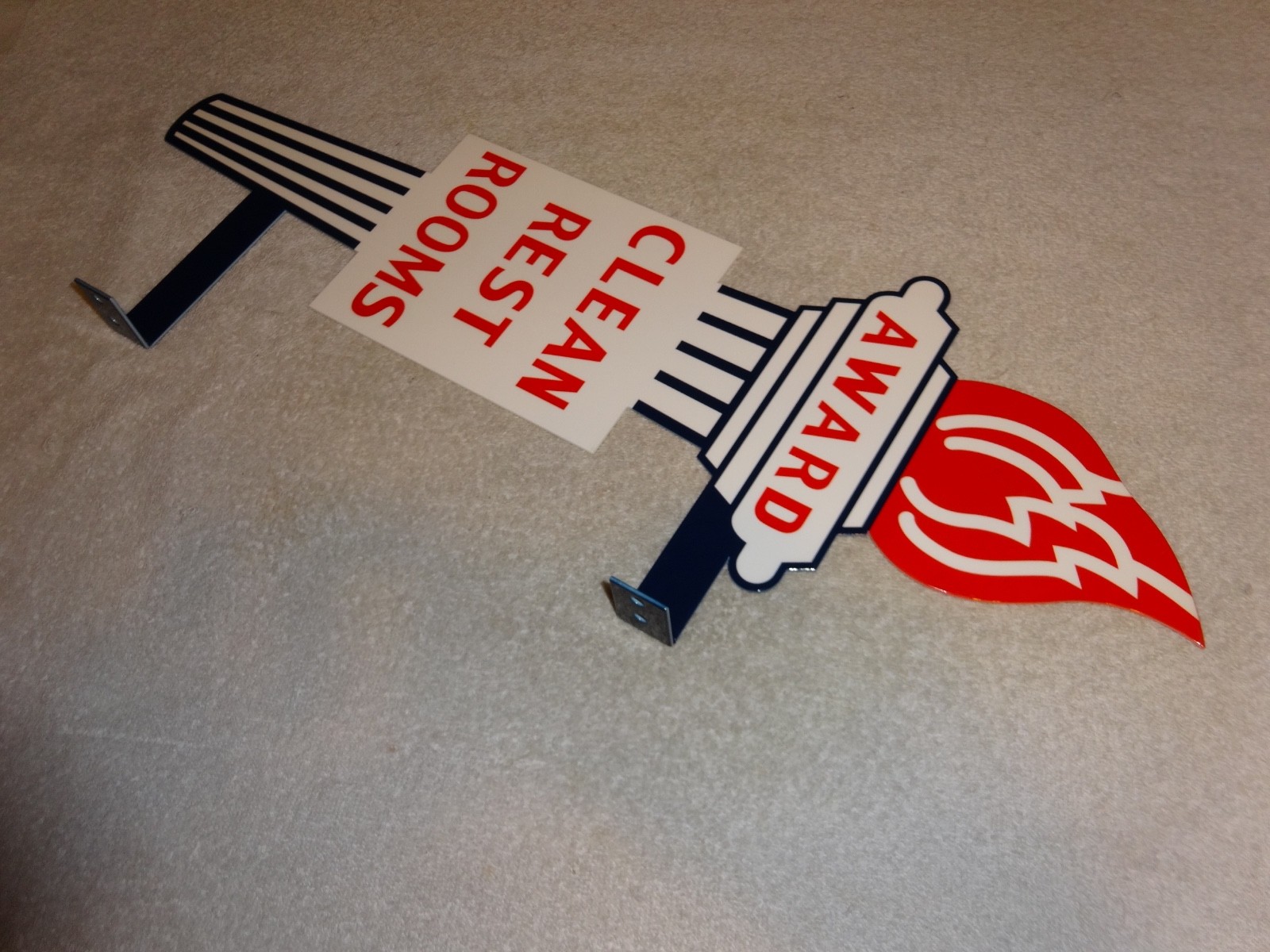 VINTAGE STANDARD GASOLINE TORCH CLEAN RESTROOM HUGE 2′ METAL AWARD BATHROOM SIGN