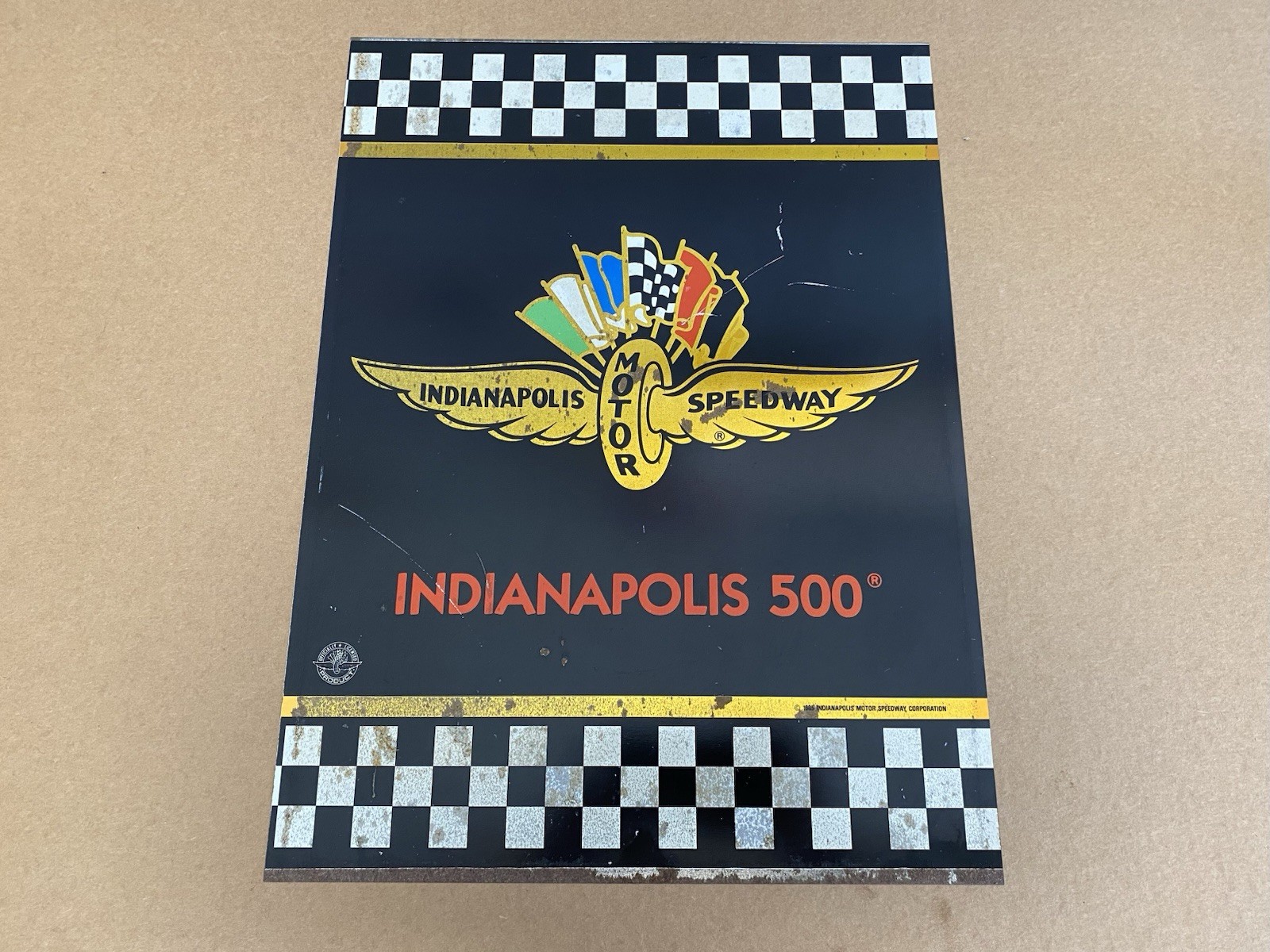 Vintage Indy 500 Sign Metal Wings Flag Indianapolis Motor Speedway 19”x14”