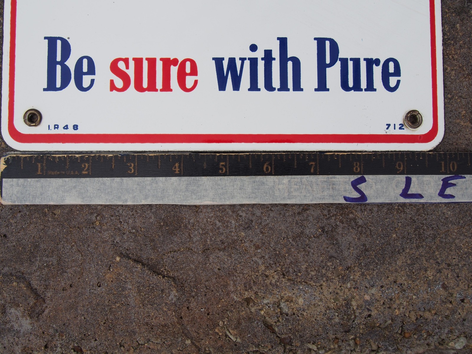 Vintage 1948 Pure-Pep Regular Gasoline Porcelain Pump Plate Sign 12”Pure Oil