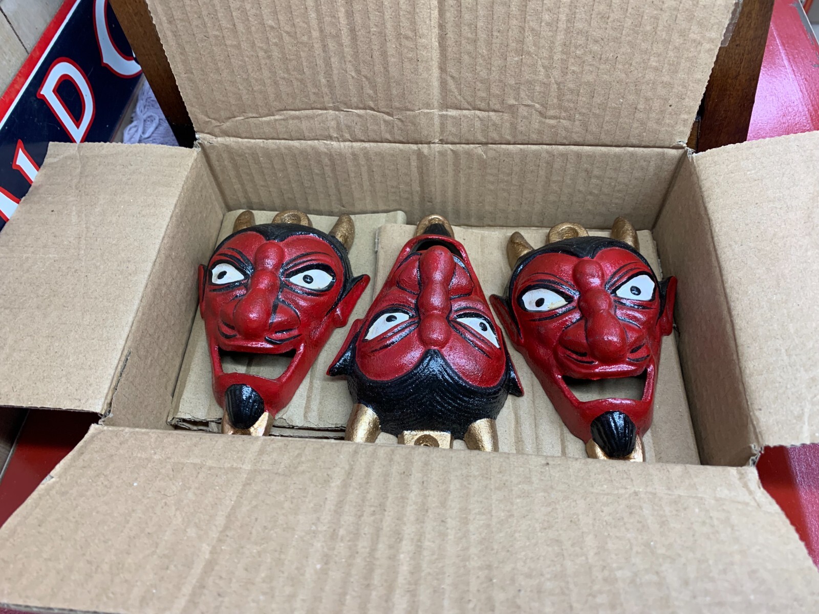 “RED DEVIL” CAST IRON BOTTLE OPENER, (5.25″x 3.25″) NOS/NEW IN BOX, (LOT OF 3)