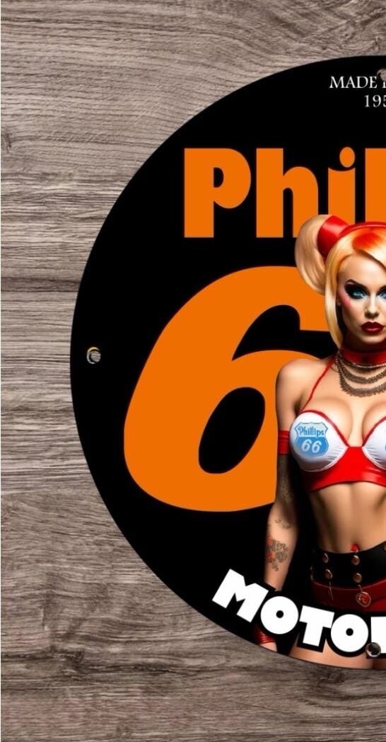 VINTAGE PHILLIPS 66 MOTOR OILS GARAGE GIRL PIN UP PORCELAIN ENAMEL SIGN