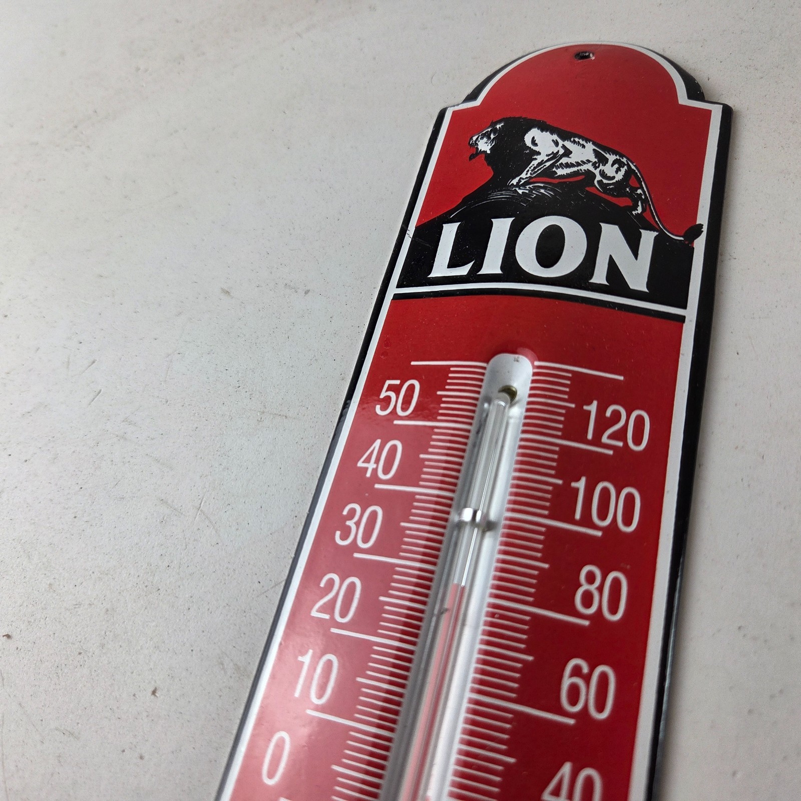 Vintage Lion Gas Sign – Service Station Pump Ad Sign on Porcelain Thermometer