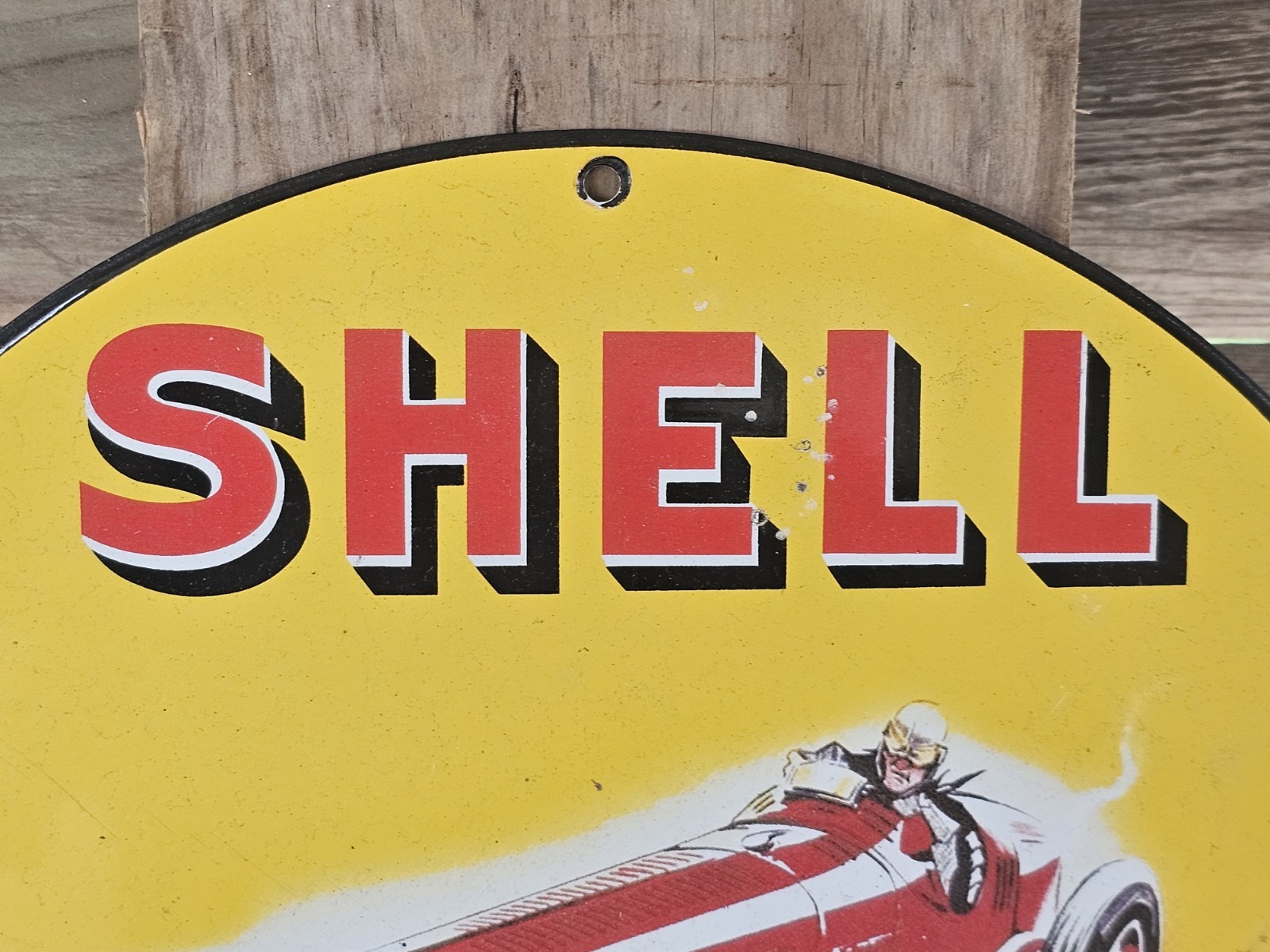 VINTAGE SHELL GASOLINE GREEN STREAK PORCELAIN SIGN RACE CAR MOTOR OIL 12″