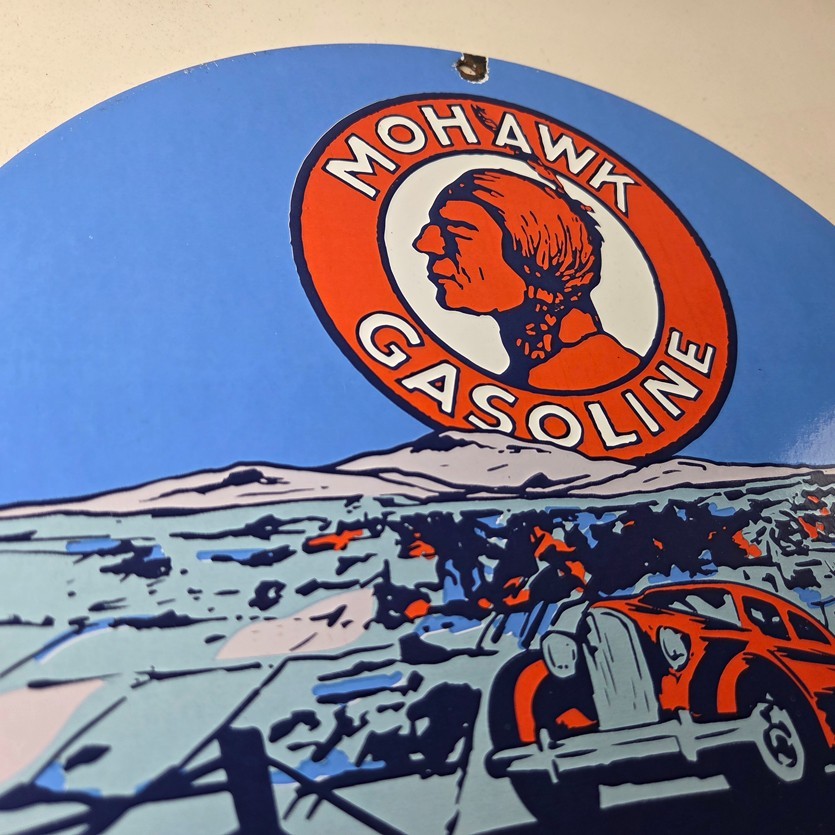 Vintage Mohawk Gasoline Sign – Porcelain American Indian Gas Motor Oil Pump Sign