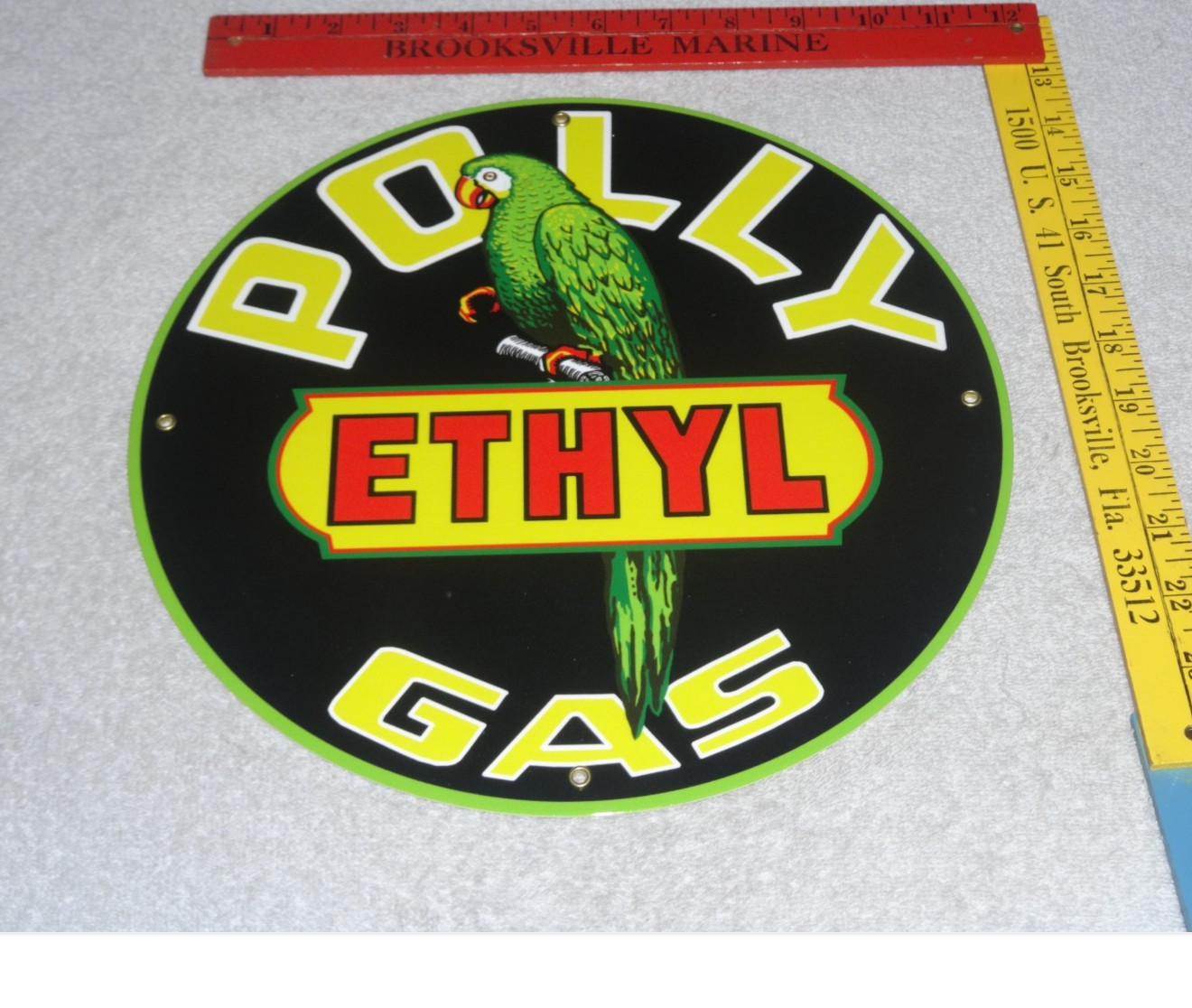 VINTAGE POLLY ETHYL GAS 🦜 PARROT BIRD OIL 11 3/4″ PORCELAIN METAL GASOLINE SIGN