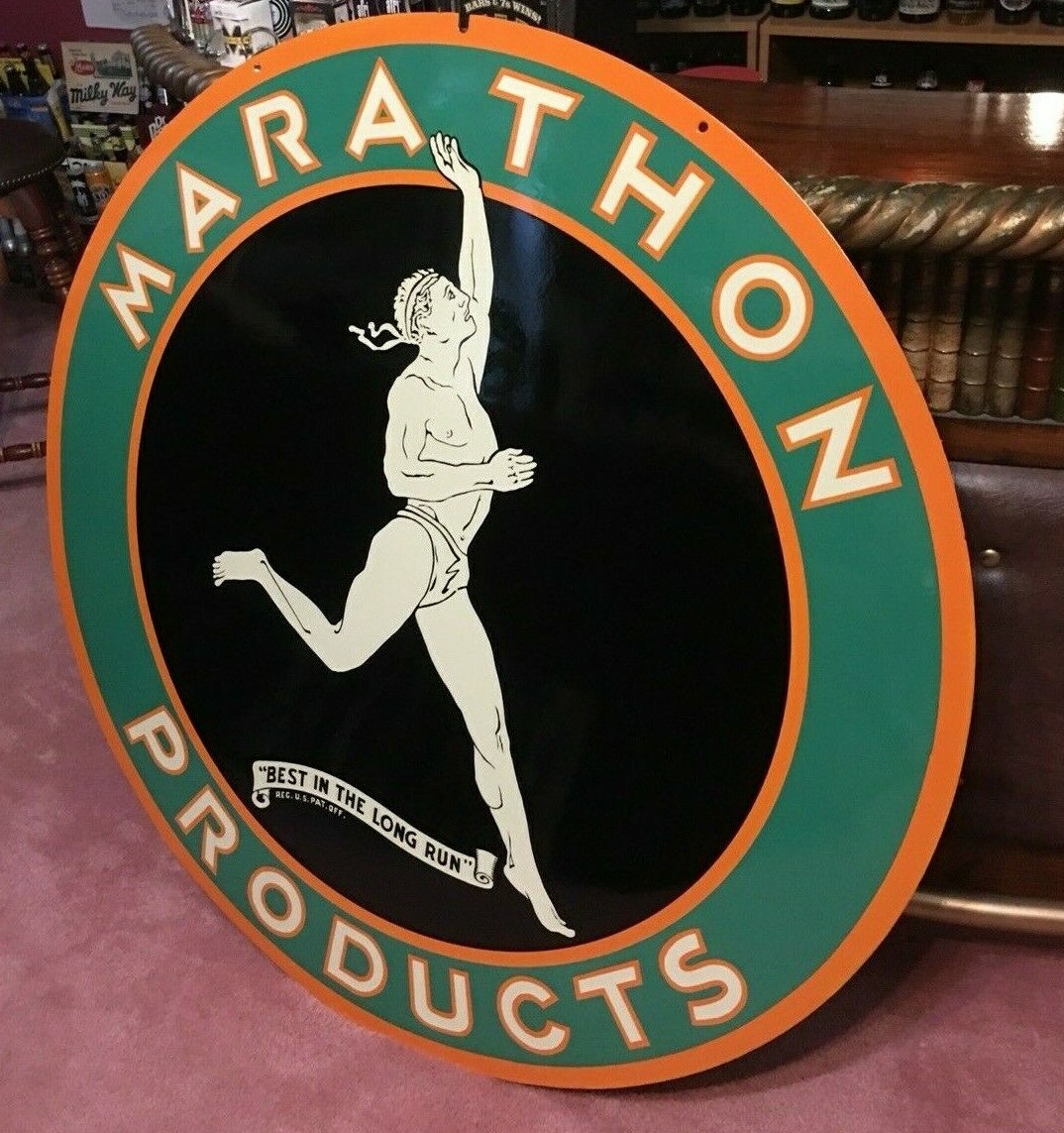 VINTAGE 48” ORIGINAL MARATHON PORCELAIN OIL SIGN
