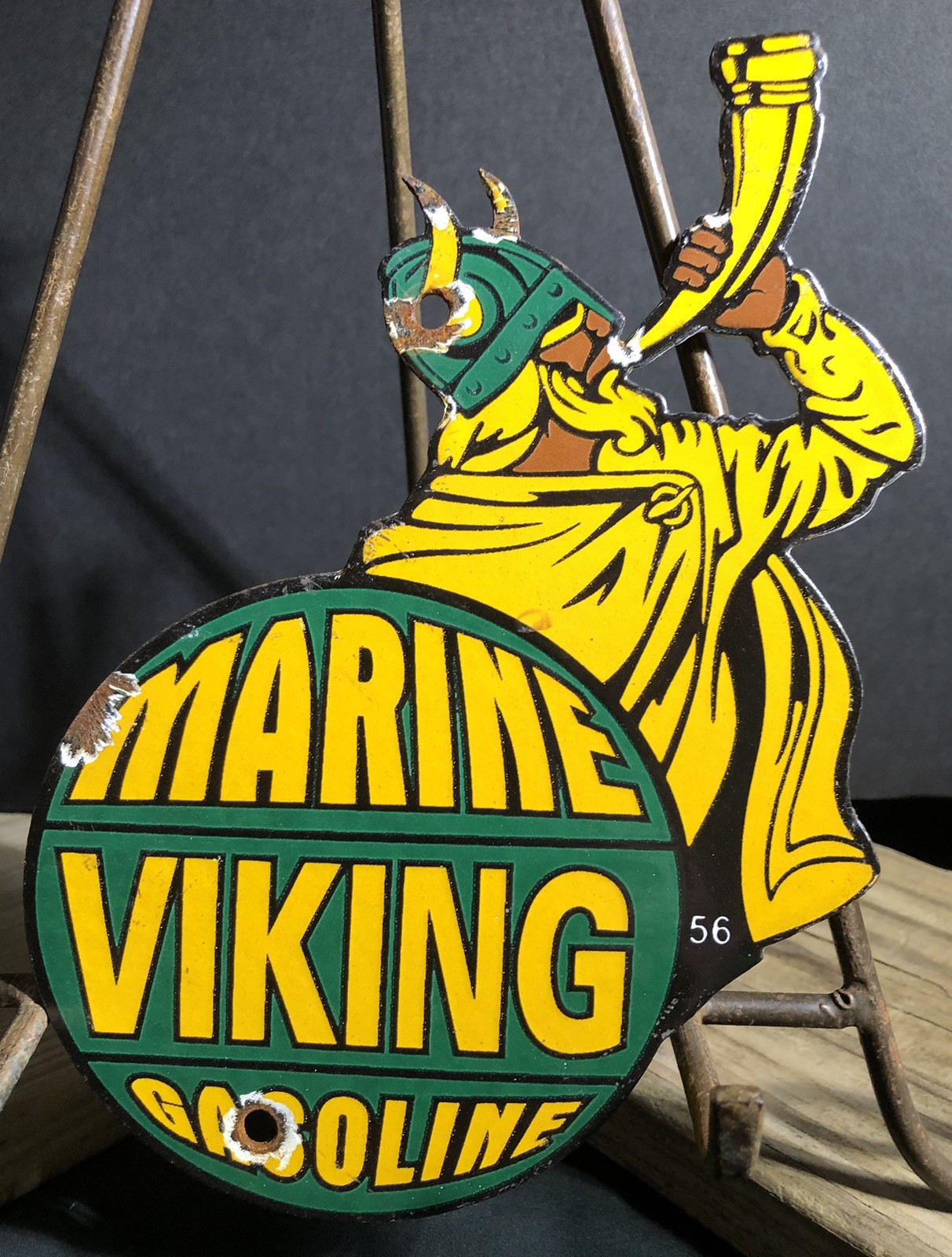 VINTAGE 1956 DATED VIKING MARINE GASOLINE 8” PORCELAIN GAS OIL SIGN