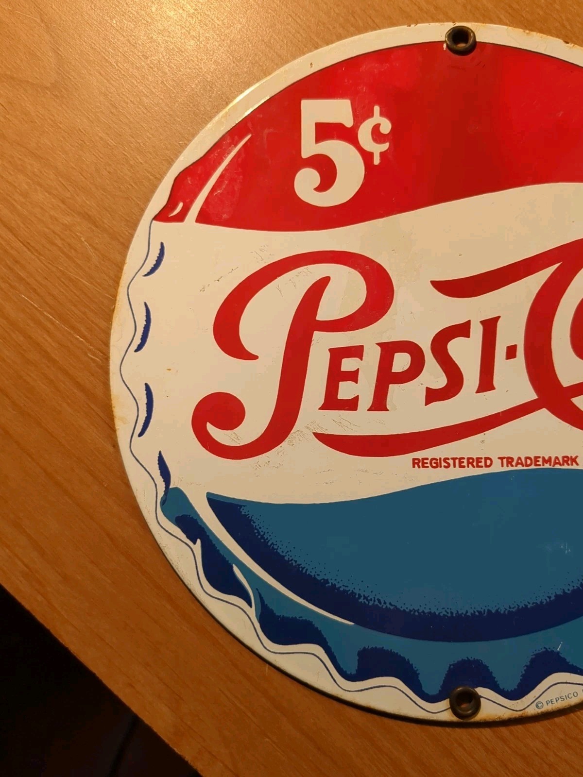 Vintage Pepsi Porcelain Sign – 5 Cent Beverage, Andre Rooney 8″ diam.