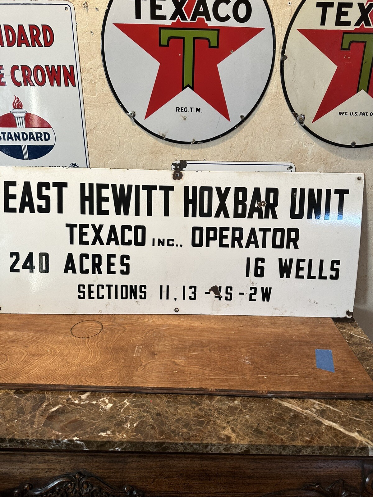 LARGE ORIGINAL & AUTHENTIC ”TEXACO” 14.5X36 INCH PORCELAIN OIL LEASE SIGN