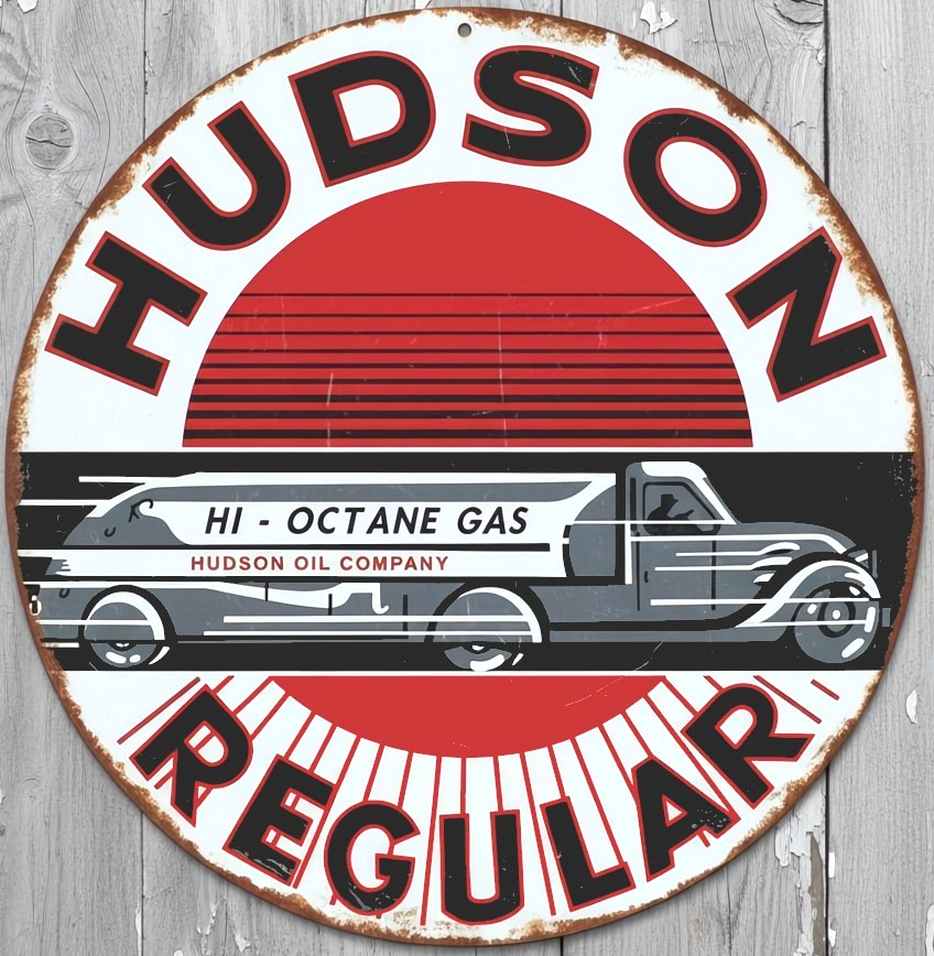 Hudson Regular Gasoline 12″ Diameter Vintage Novelty Metal Sign Made In USA