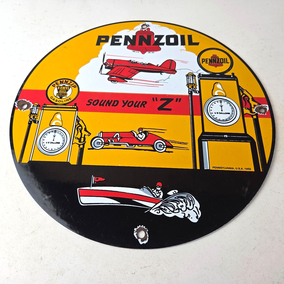 Vintage Pennzoil Sign – Sound Your Z Gas Service Station Pump Porcelain Sign