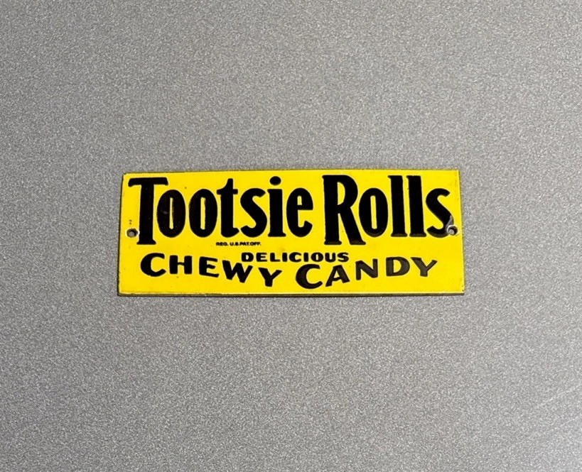 VINTAGE TOOTSIE ROLL CANDY PORCELAIN SIGN CAR GAS TRUCK OIL MOTORCYCLE